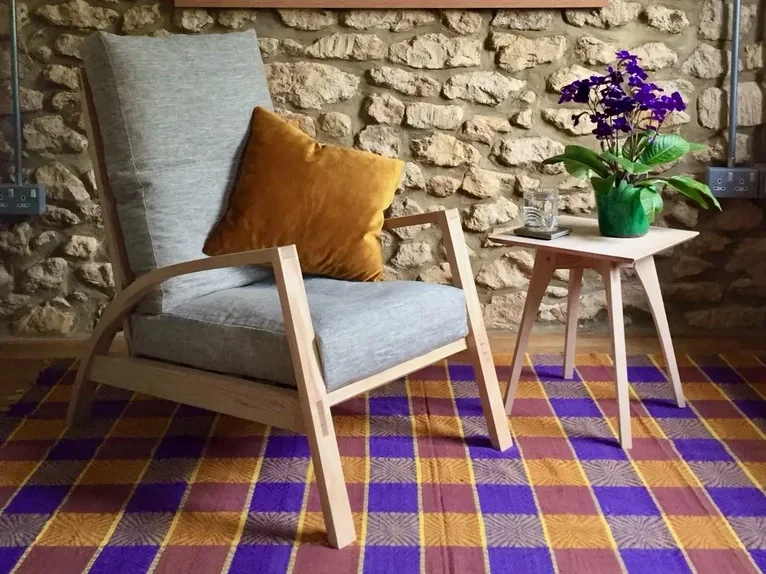 Handcrafted steambent ash wood chair and matching ash side table