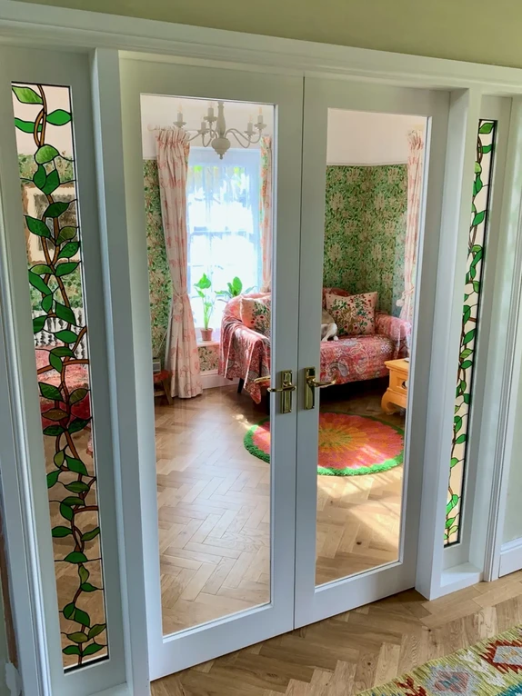 Bespoke handcrafted glazed internal timber doorset set with decorative patterned glass panels
